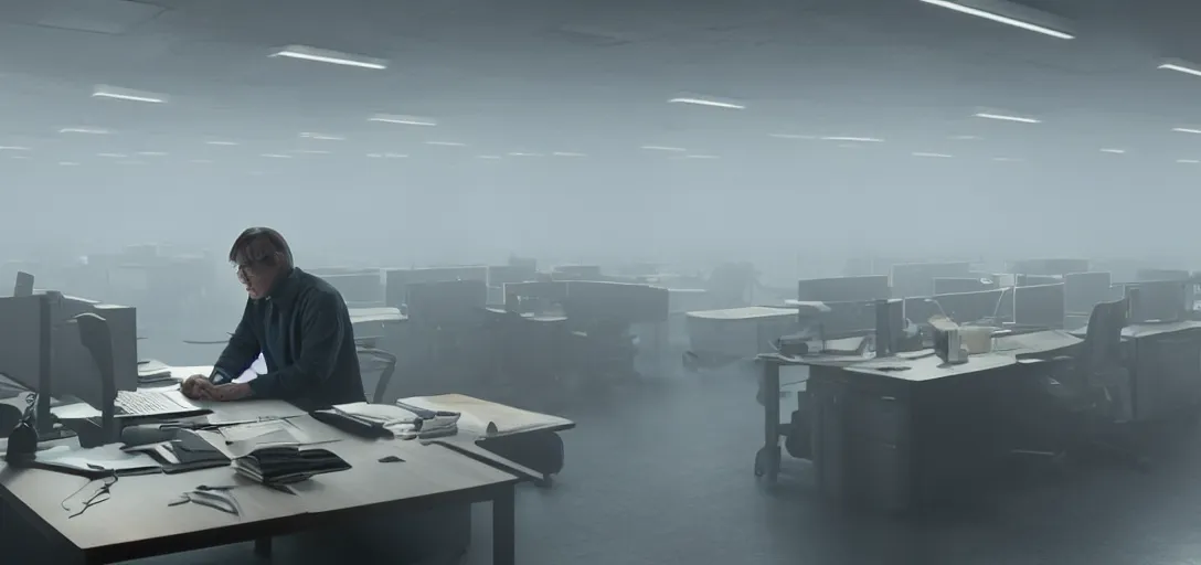 Image similar to an isolated man working at his desk, foggy, cinematic shot, photo still from movie by denis villeneuve, wayne barlowe