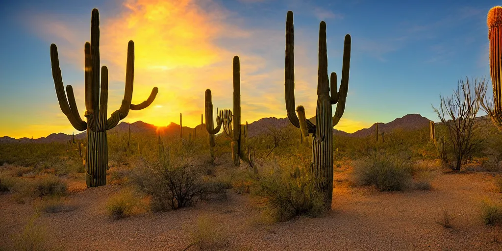 Prompt: Arizona desert, saguaro, sunrise, by Vincent Van Gough