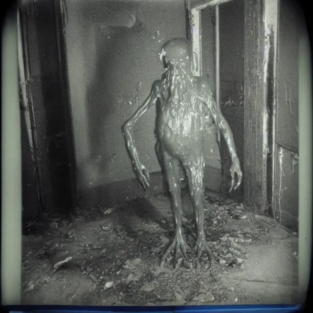 Image similar to found polaroid photo, flash, interior abandoned hospital, slime mutant creature standing