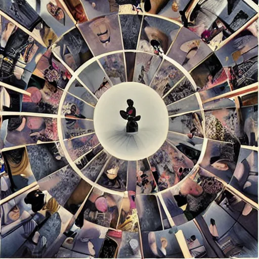 Image similar to funereal, sinister collage, digital art by moshe safdie. a beautiful kinetic sculpture of a group of people standing around a circular table. in the center of the table is a large, open book. the people in the kinetic sculpture are looking at the book with interest & appear to be discussing its contents.