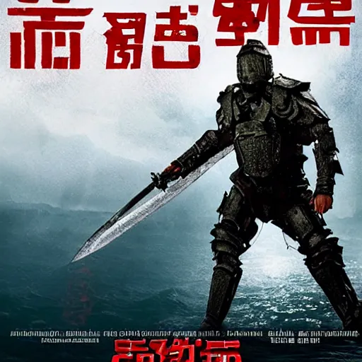 Prompt: an armored warrior with a sword drowns in a sea of red thread, movie poster