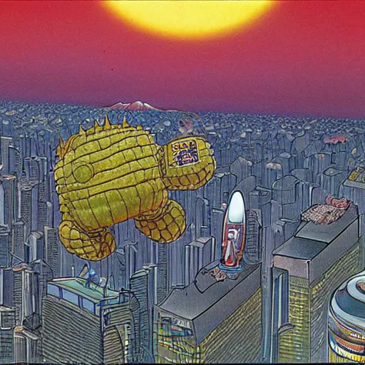 Prompt: a giant tardigrade attacking tokyo, by jean giraud