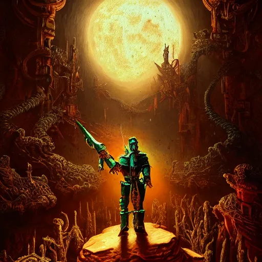 Image similar to photorealistic warhammer 4 0, 0 0 0 in the style of michael whelan and gustave dore. hyperdetailed photorealism, 1 0 8 megapixels, fully clothed, lunar themed attire, amazing depth, glowing rich colors, powerful imagery, psychedelic overtones, 3 d finalrender, 3 d shading, cinematic lighting, artstation concept art