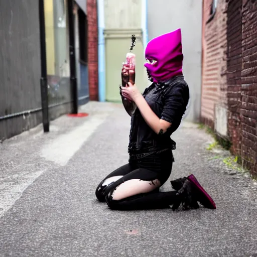 Prompt: close up photo of a fully clothed punk woman on her knees with yoghurt dripping from her face in an alley