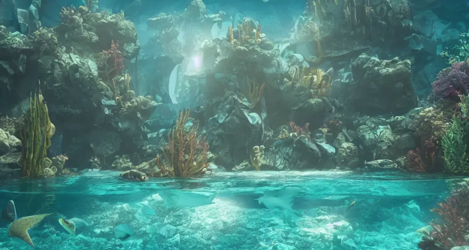 Image similar to fantasy underwater world with buildings, mermaids and fish, light rays coming from above through the water, hyperrealistic, 8K, octane render