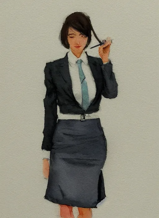 Prompt: concept art of a modern office life, young business woman, pencil miniskirt, pinterest, artstation trending, behance, watercolor, by coby whitmore, silver, laser light,