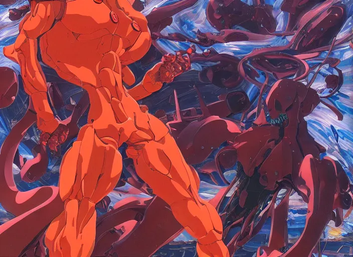 Image similar to third impact evangelion painting by james jean and katsuhiro otomo and erik jones, inspired by akira anime, smooth texture, intricate oil painting, high detail illustration, sharp high detail, long exposure