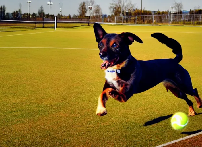 Image similar to a dog running after a tennis ball, soccer field in the background, warm colours, in sun light, national geography magazine cover photo, 8 k