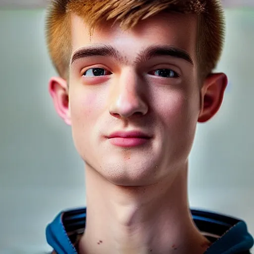 Image similar to “a realistic detailed photo of a guy who is an attractive humanoid who is half robot and half humanoid, who is a male android, twitch streamer Ninja Tyler Blevins, shiny skin, posing like a statue, blank stare, bedroom, close up”