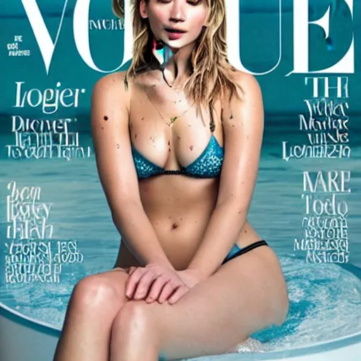 Image similar to a beautiful professional photograph for the cover of vogue magazine of jennifer lawrence, wearing a bikini, sitting in the bathtube looking at the camera in a flirtatious way, zeiss 5 0 mm f 1. 8 lens
