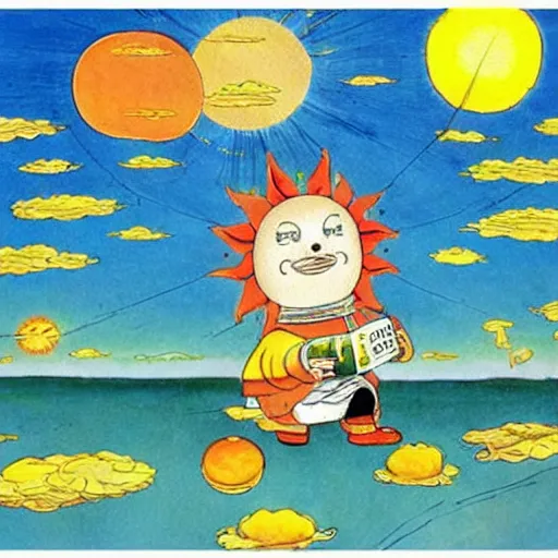 Prompt: A beautiful photograph of the sun. The sun is depicted as a large ball in the center of the piece, with rays of light emanating out from it in all directions. chinese watercolor by Richard Scarry, by Matt Groening, by Alan Moore decorative