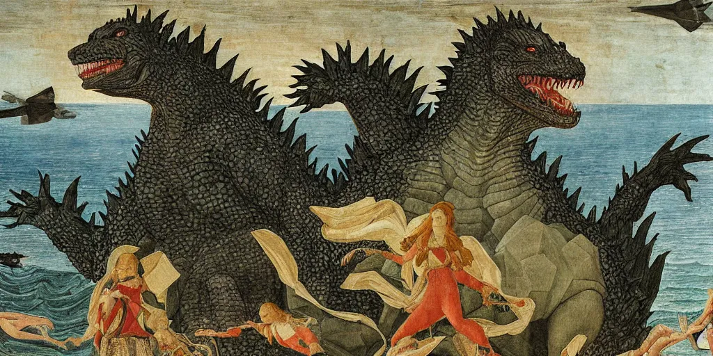 Prompt: godzilla emerging from the seas by sandro botticelli, painting