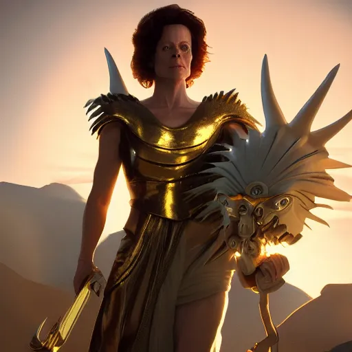 Image similar to sigourney weaver as goddess athena, hyperdetailed, hyperrealistic, volumetric lights, golden hour, 8 k, trending on artstation