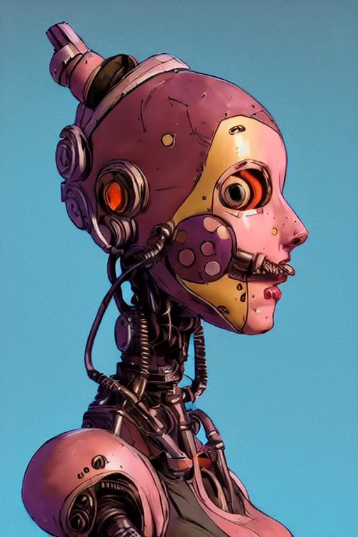 Image similar to a study of cell shaded protrait of female robot as Borderlands 3 concept art, llustration, post grunge, concept art by josan gonzales and wlop, by james jean, Victo ngai, David Rubín, Mike Mignola, Laurie Greasley, highly detailed, sharp focus, alien, Trending on Artstation, HQ, deviantart, art by artgem