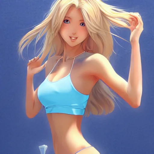 Image similar to a very beautiful proud young anime tennis girl, confident, full body, long wavy blond hair, sky blue eyes, full round face, bikini, miniskirt, front view, mid - shot, highly detailed, cinematic wallpaper by stanley artgerm lau