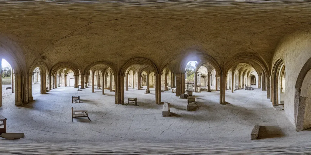 Prompt: high quality 3 6 0 ° image in equirectangular projection of a cloister of a cistercian monastery