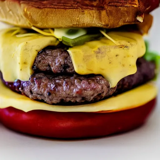 Image similar to very stacked burger, award winning photo, food photography, golden hour, holy