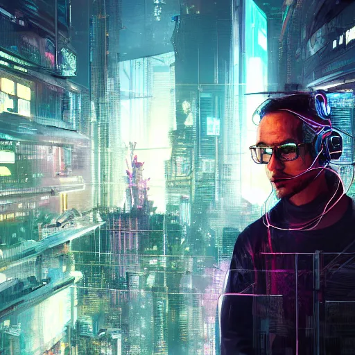 Prompt: highly detailed portrait of a cyberpunk hacker in front of a futuristic bangkok skyline by wadim kashin