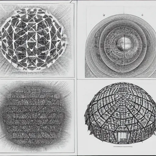 Prompt: a vibrant metaverse of quantum geodesic domes and hyperbolic paraboloids made of concrete in the style buckminster fuller and drawn by gustave dore