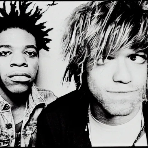 Image similar to photo of basquiat and kurt cobain in a high end studio, photorealistic,