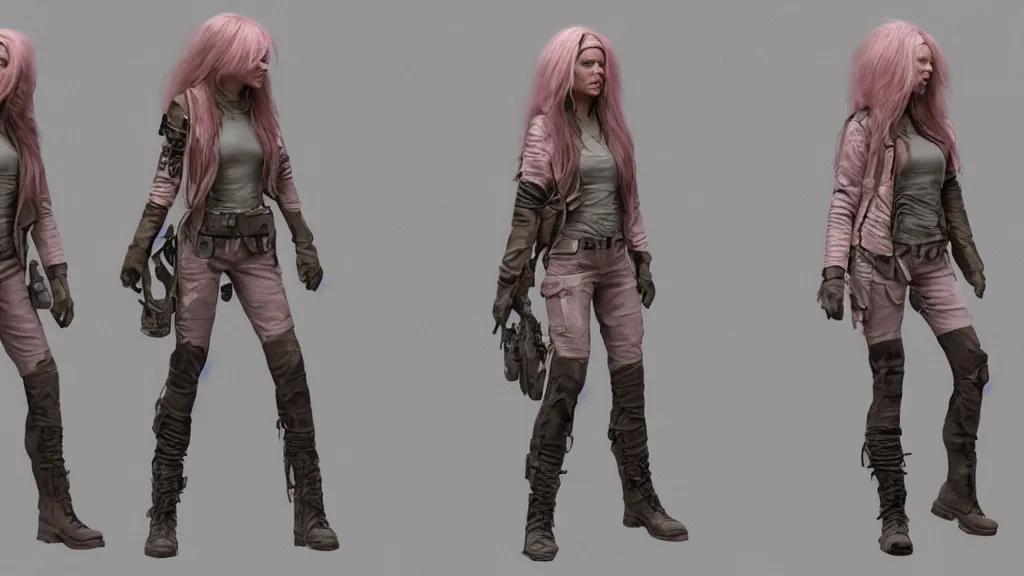 Prompt: character sheet for a light pink long haired beautiful realistic female for futuristic baggy dark grey jacket oakley glasses military boots hat dystopian mad max like fashion brand demobaza on an alien planet with two australian cattle dogs, impact by craig mullins, trending on artstation, trending on behance,, hd, 8 k, masterpiece