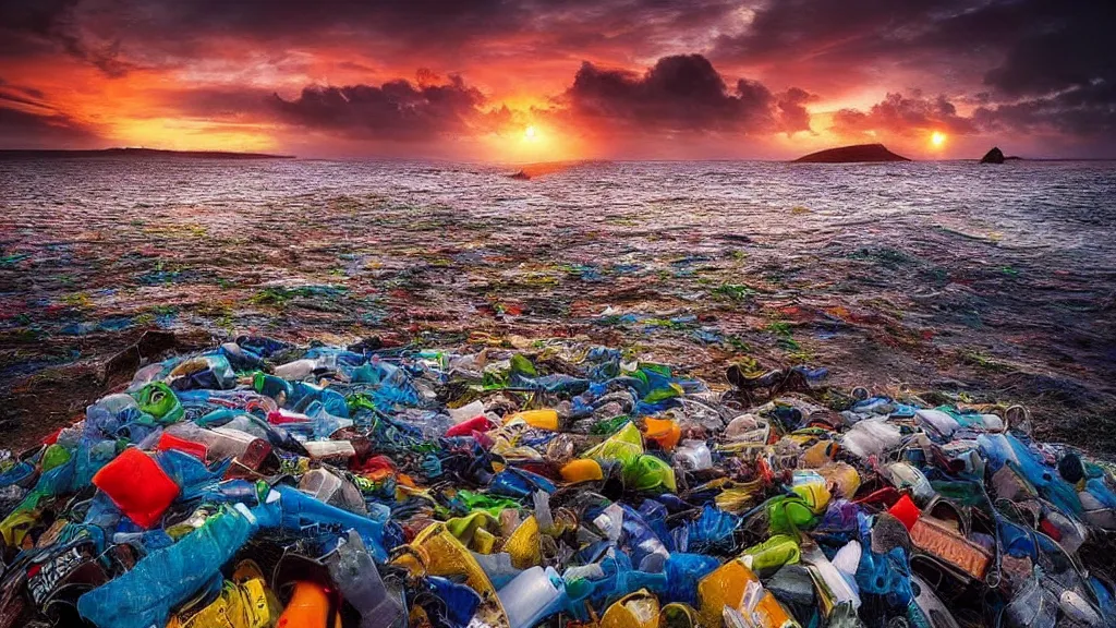 Prompt: amazing landscape photo of garbage patch, sunset by marc adamus, beautiful dramatic lighting