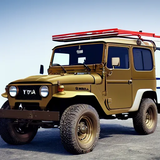 Image similar to a drawing by Leonardo da Vinci a Toyota Fj43 build in 1981, black roof, with a roof rack, detailed, 8K, octane render, 8K,