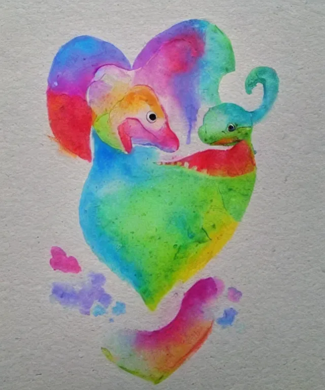 Image similar to a cute little dinosaur, water painting, heart - shaped clouds