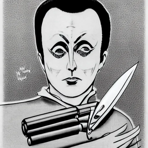 Prompt: a high quality product photo ad of klaus nomi with a technical reed rollerball pen exacto knife by junji ito, ethereal eel in the style of bauhaus