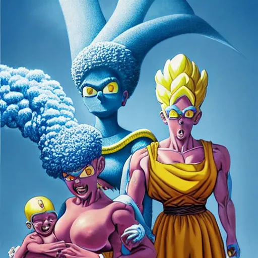 Image similar to marge simpson and her new family from dragon ball z drawn by zdislaw beksinski and hajime sorayama, hyperrealistic