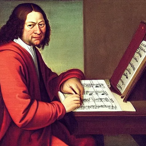 Image similar to a renaissance painting of bach, he is smiling at the camera and writing a piece of music on a sheet.