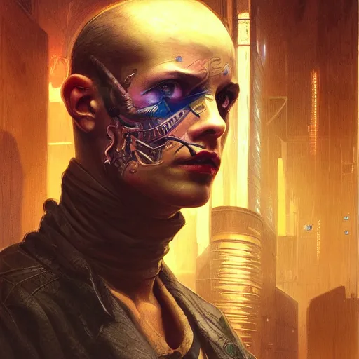 Prompt: portrait of a man with face tattoos, sci - fi, cyberpunk, blade runner, glowing lights, tech, biotech, techwear, intricate, elegant, highly detailed, digital painting, artstation, concept art, smooth, sharp focus, illustration, art by artgerm and greg rutkowski and alphonse mucha