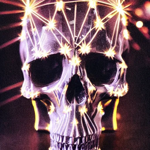 Image similar to a low poly disco skull full of long spikes, reflecting light in a nightclub, grainy film photograph