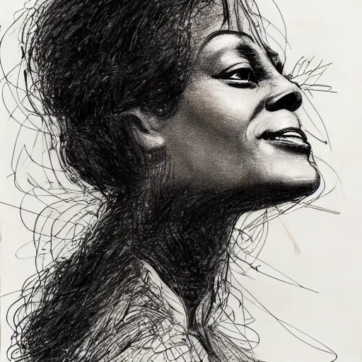 Image similar to a realistic yet scraggly portrait sketch of the side profile of a stern and sophisticated diana ross, trending on artstation, intricate details, in the style of frank auerbach, in the style of sergio aragones, in the style of martin ansin, in the style of david aja, in the style of mattias adolfsson