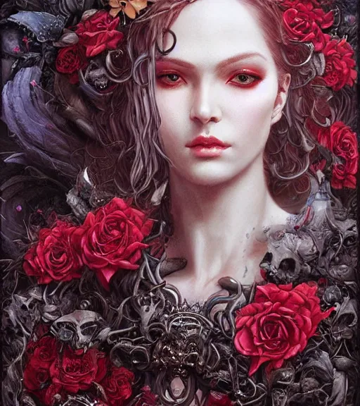 Prompt: portrait of the supreme queen of the blood cult, surrounded by skulls and overgrowth and dark flowers by karol bak, Akihiko Yoshida, Yoshitaka Amano,Marc Simonetti, WLOP, James Jean!, tom bagshaw, rococo, trending on artstation, fantasy magic fashion queen, glossy eyes, face, elegant, highly detailed, digital painting, concept art, smooth, sharp focus, illustration, cinematic lighting, hyper realism, octane render, 8k, hyper detailed.