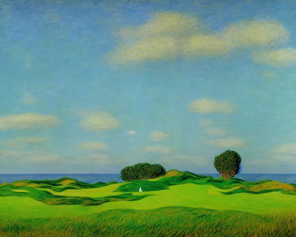 Prompt: achingly beautiful painting of bandon dunes green by rene magritte, monet, and turner.