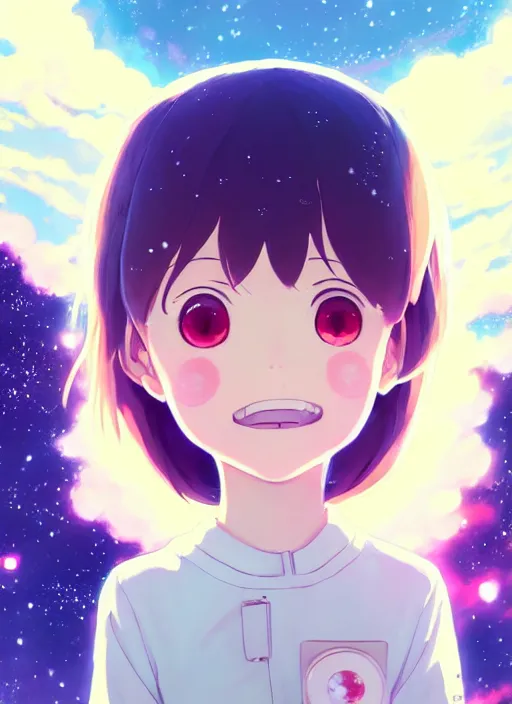 Image similar to portrait of a very cute girl with big eyes big smile, very anime space background illustration concept art anime key visual trending pixiv fanbox by wlop and greg rutkowski and makoto shinkai and studio ghibli and kyoto animation