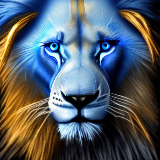 Image similar to blue lion with glowing blue eyes, black background, blue mist, realistic, detailed