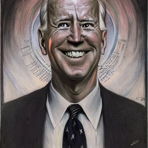 Prompt: terrifying, surreal portrait of joe biden by j. c. leyendecker, bosch, william blake, stephen gammell, jon mcnaughton, and beksinski