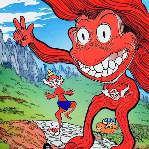 Prompt: Professional art, a stunning illustration of red goblins carrying a prisoner to a cave on a mountainside illustrated by Dr Suess and Takashi Murakami