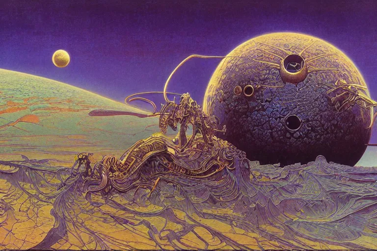 Image similar to oil painting, super - detailed scene of a planet that is also a giant insect, entomology, japanese sci - fi books art, artwork by jean giraud and zdzislaw beksinski and alphonse mucha and hr giger, hd, 4 k, high quality