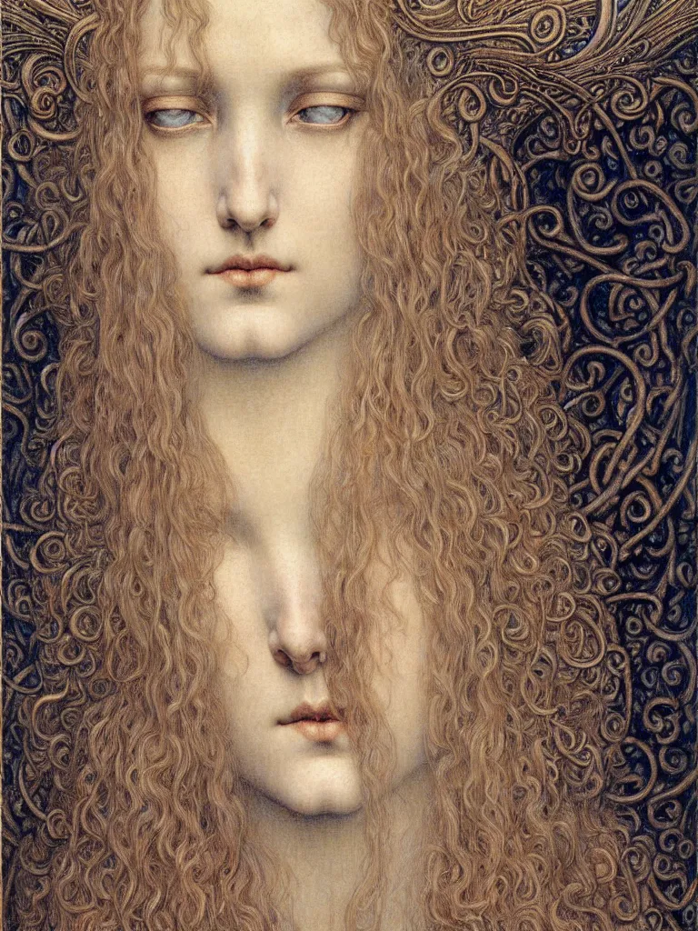 Image similar to detailed realistic beautiful young medieval queen face portrait by jean delville, gustave dore and marco mazzoni, art nouveau, symbolist, visionary, gothic, pre - raphaelite. horizontal symmetry