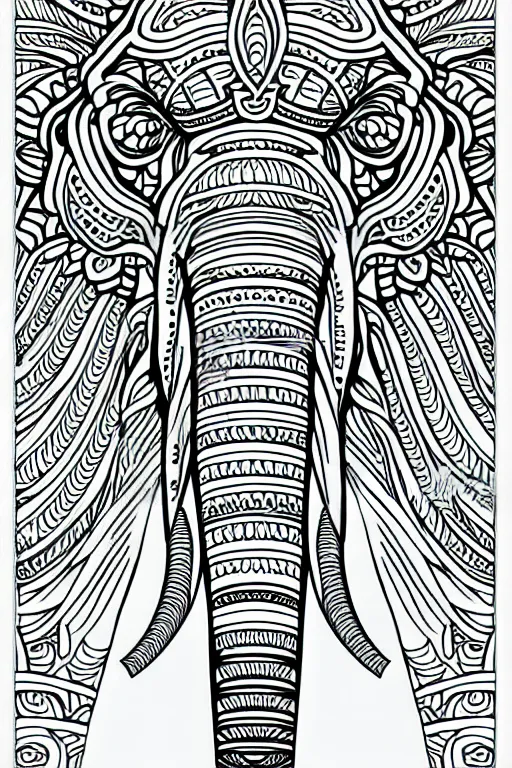 Prompt: elephant ornaments fractal ink drawing line art colouring page vector margins, fine lines