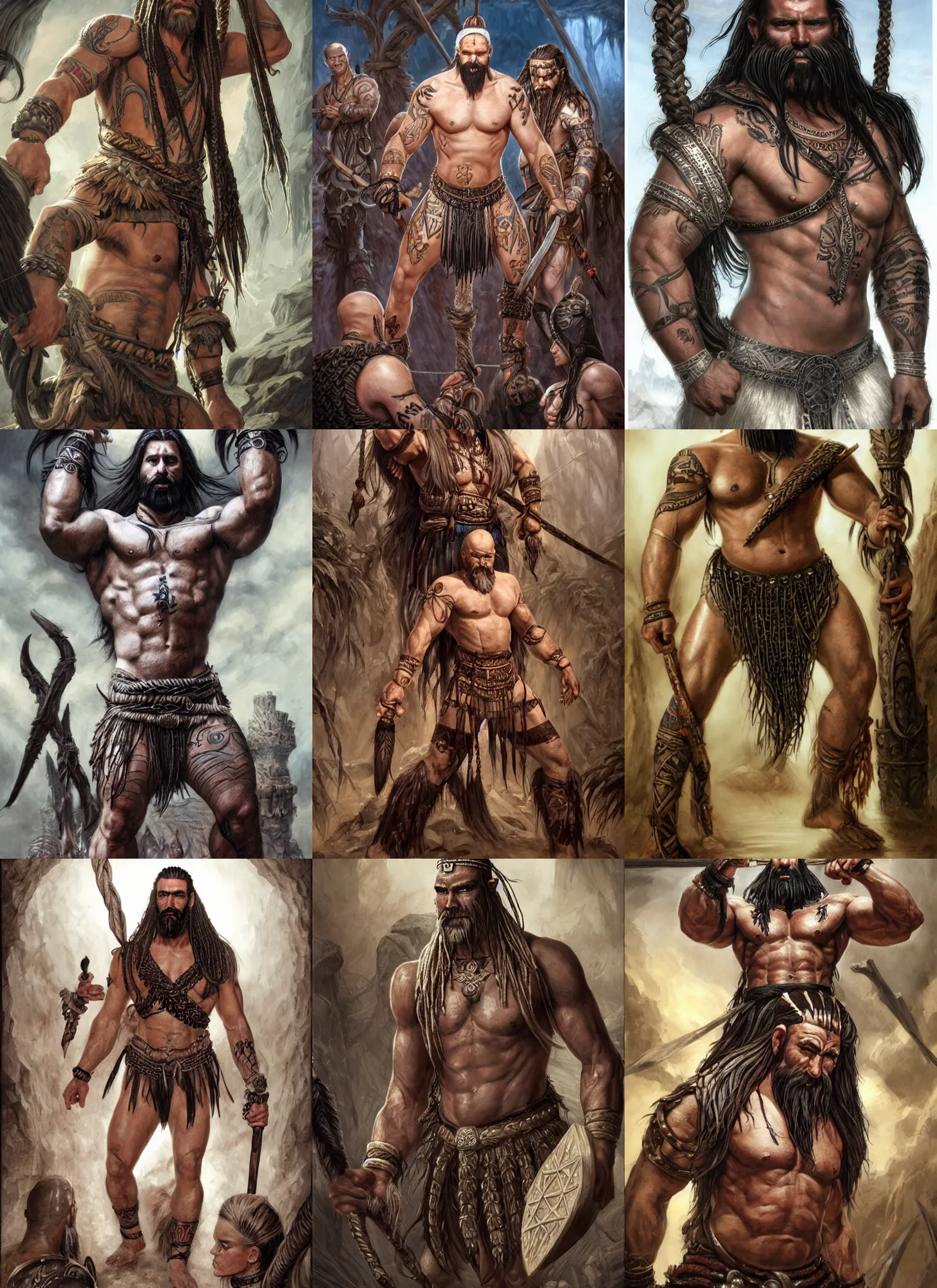 Prompt: a tall muscular man with white skin, with a full black beard, barbarian with white skin, short hair on sides of head, long braided hair on top of head, tribal tattoos on head and chest and back, grog, style by donato giancola, wayne reynolds, jeff easley dramatic light, high detail, cinematic lighting, artstation, dungeons and dragons
