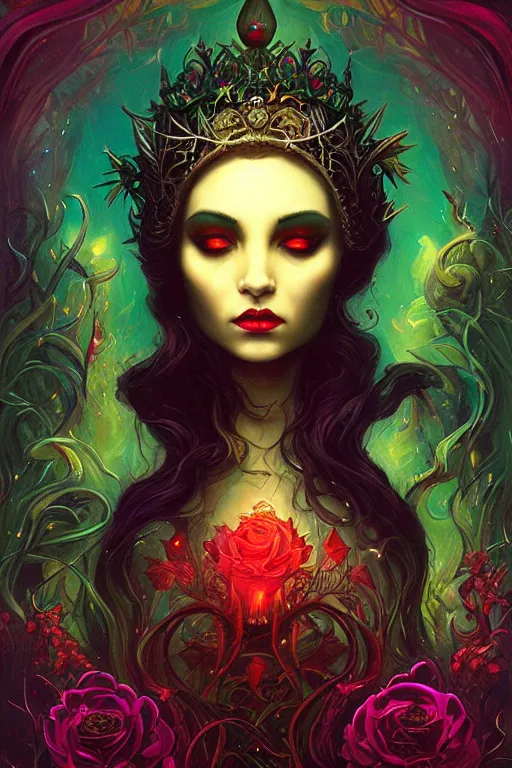 Prompt: jeweled Crown, other worldly, dark fae court, black roses, vivid colors, art nouveau, by Anato Finnstark, Tom Bagshaw, Brom