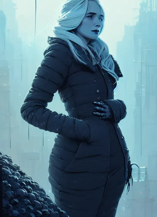 Prompt: highly detailed portrait of a hopeful frostpunk long blonde hair lady with curvy figure, stray wiring by atey ghailan, james gilleard, by joe fenton, by greg rutkowski, by greg tocchini, by kaethe butcher, 4 k resolution, gradient blue, black and white color scheme!!! ( ( glaciated robotic dystopian city background ) )