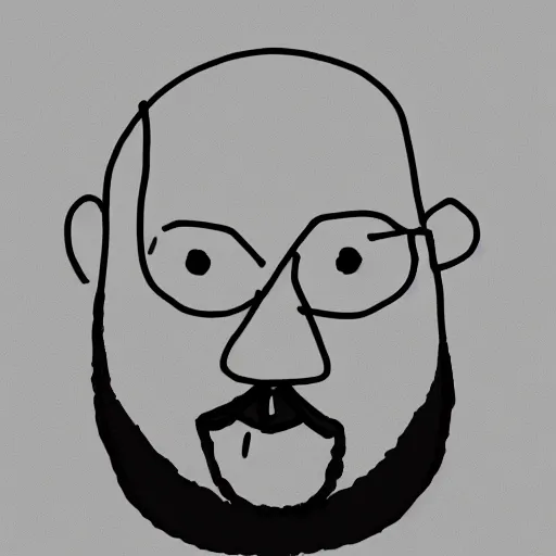 Image similar to minimalistic line portrait of bald short - bearded man with round face, small eyebrows, wide lips and kind blue eyes, black and white, pictogram, ink, pencil