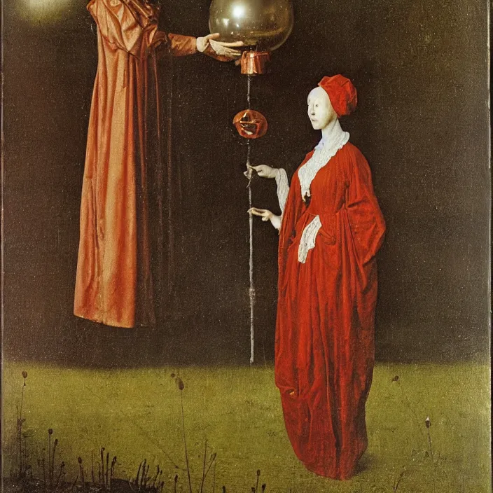 Prompt: a closeup portrait of a woman wrapped in plastic, standing next to a giant huge levitating copper orb, in a foggy pond, by jan van eyck