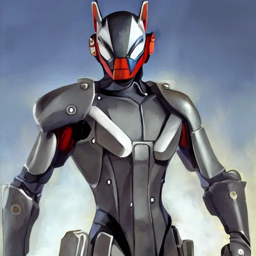 Image similar to greg manchess portrait painting of armored spiderman ultraman grey fox from metal gear cyborg gay japanese - american hybrid as overwatch character, medium shot, asymmetrical, profile picture, organic painting, sunny day, matte painting, bold shapes, hard edges, street art, trending on artstation, by huang guangjian and ail elvgren and sachin teng