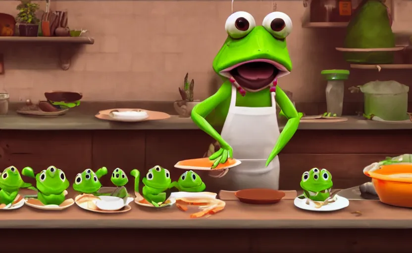 Image similar to ps 5 game about a cute frog chef making soup in oregon, unity screenshot,